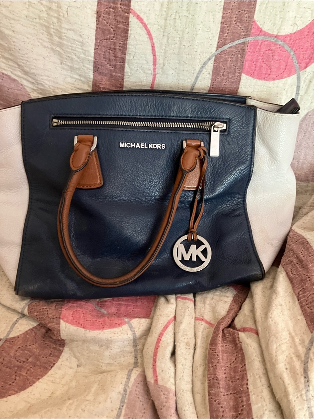 Michael Kors Navy & White Leather Tote with Brown Handles